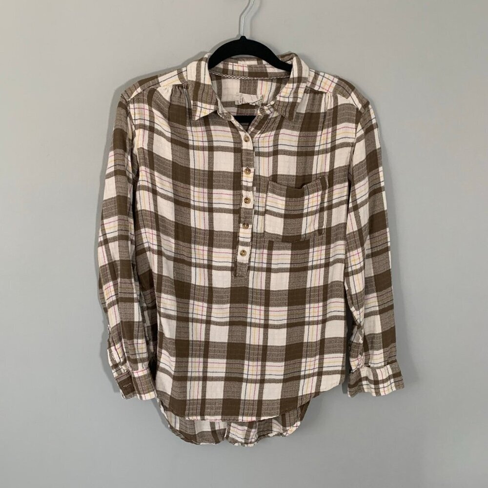 Anthropologie‎ Plaid Button Back Henley Top Brown Ivory Pink Yellow Size S